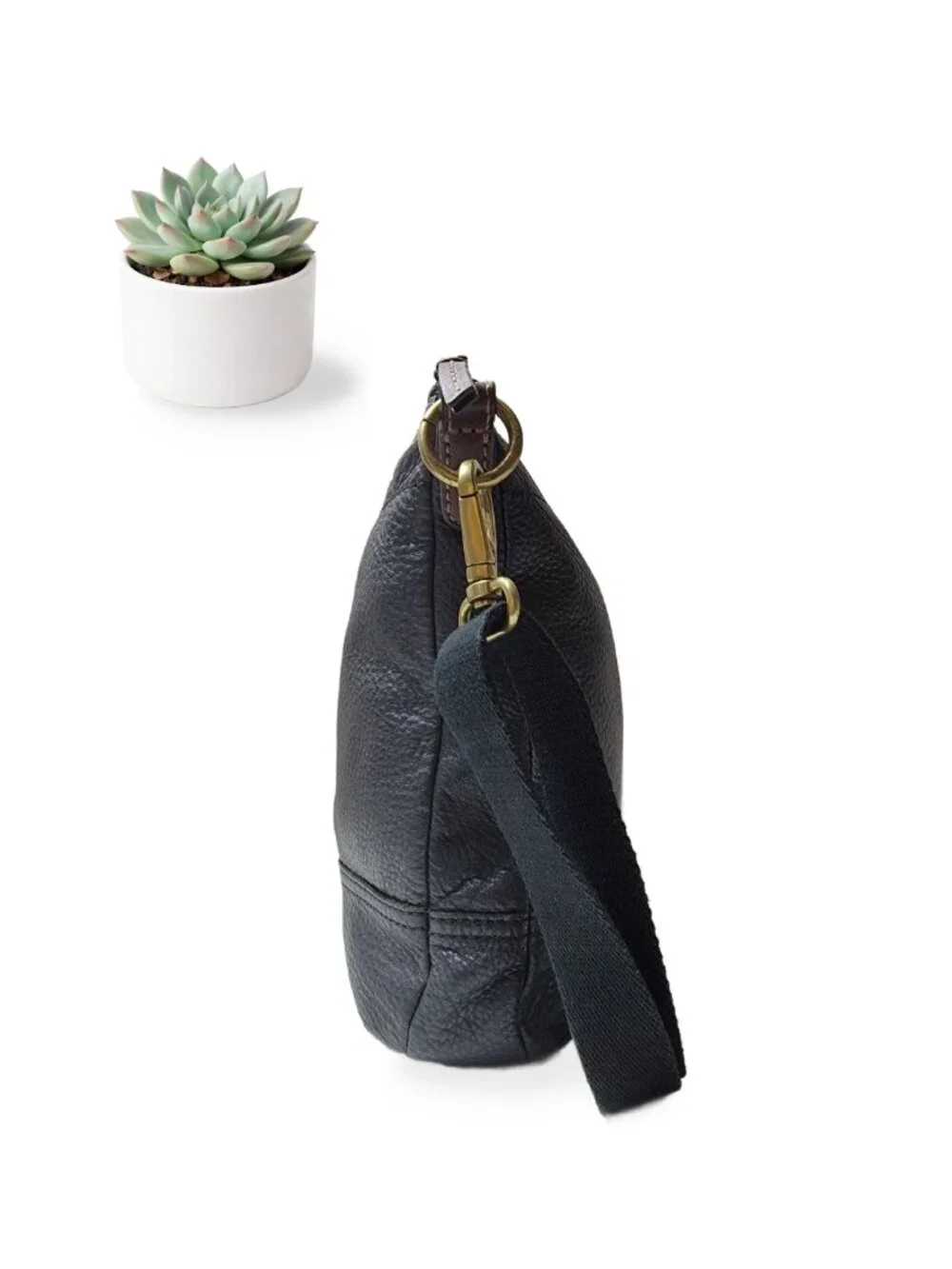 Black Fossil Shoulder Bag Pebbled Leather Hobo Crossbody Brass Zip Purse SHB1047